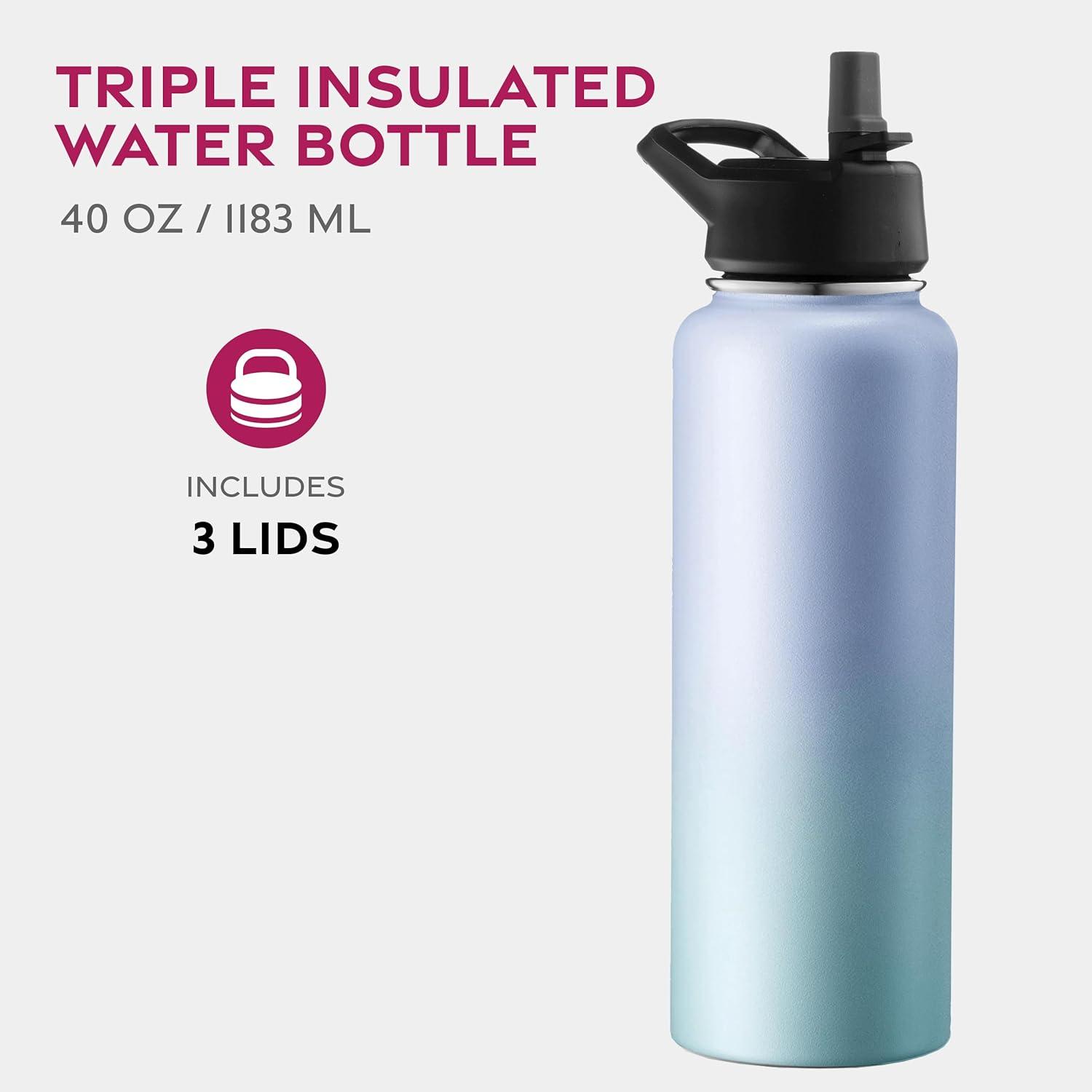 imageFineDine 25 Oz Insulated Water Bottle with Straw Triple Walled Stainless Steel Metal Bottle W 3 Leak Proof Lids For Travel School Sports GymMen Women ampamp Kids Inky Raven BlackPowder Steel Blue Blend
