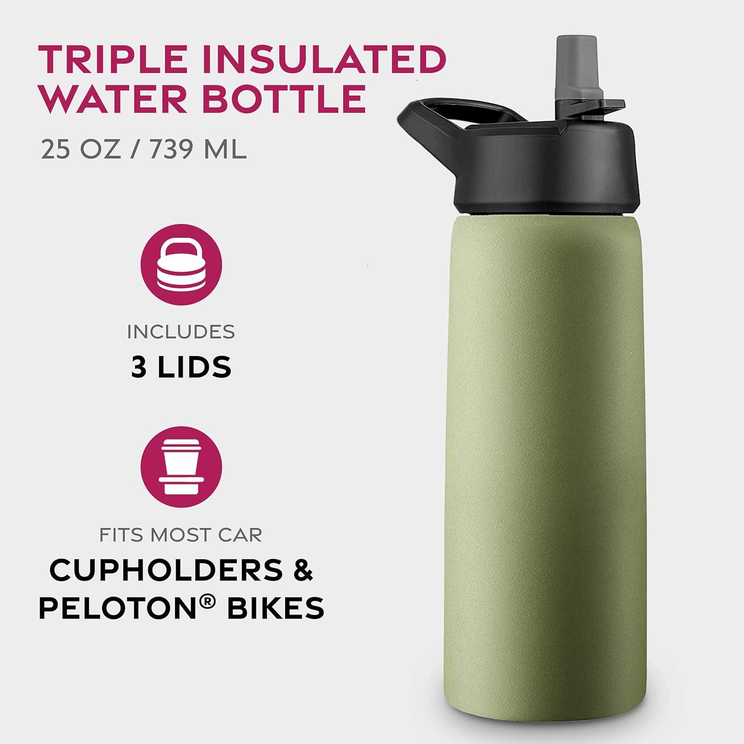 imageFineDine 25 Oz Insulated Water Bottle with Straw Triple Walled Stainless Steel Metal Bottle W 3 Leak Proof Lids For Travel School Sports GymMen Women ampamp Kids Inky Raven BlackArmy Green