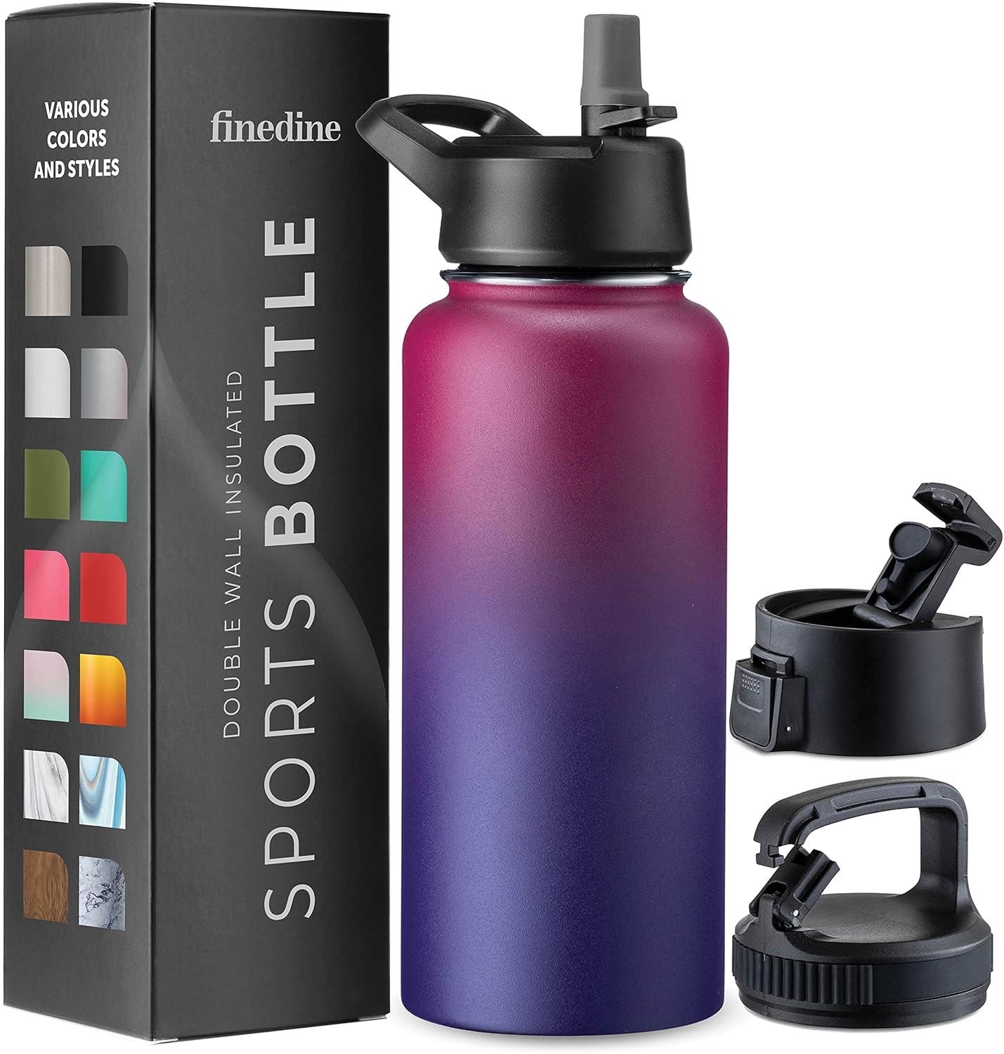 imageFineDine 25 Oz Insulated Water Bottle with Straw Triple Walled Stainless Steel Metal Bottle W 3 Leak Proof Lids For Travel School Sports GymMen Women ampamp Kids Inky Raven BlackDreamy Purple