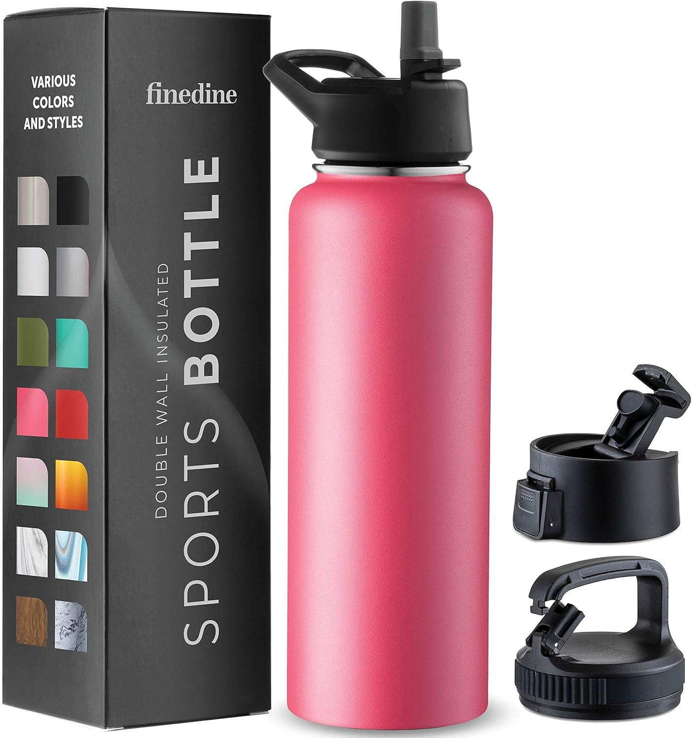 imageFineDine 25 Oz Insulated Water Bottle with Straw Triple Walled Stainless Steel Metal Bottle W 3 Leak Proof Lids For Travel School Sports GymMen Women ampamp Kids Inky Raven BlackStriking French Rose
