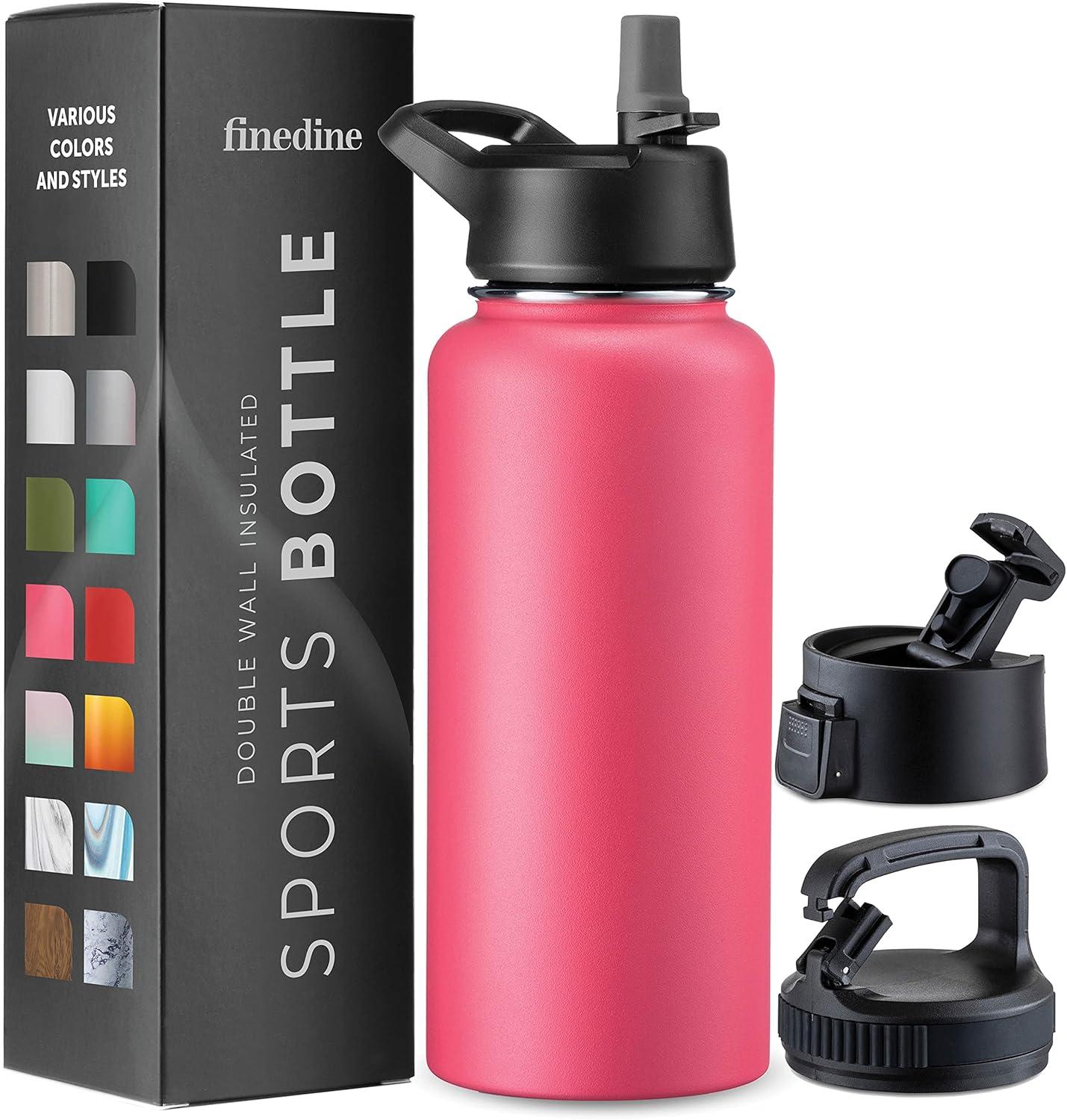 imageFineDine 25 Oz Insulated Water Bottle with Straw Triple Walled Stainless Steel Metal Bottle W 3 Leak Proof Lids For Travel School Sports GymMen Women ampamp Kids Inky Raven BlackStriking French Rose