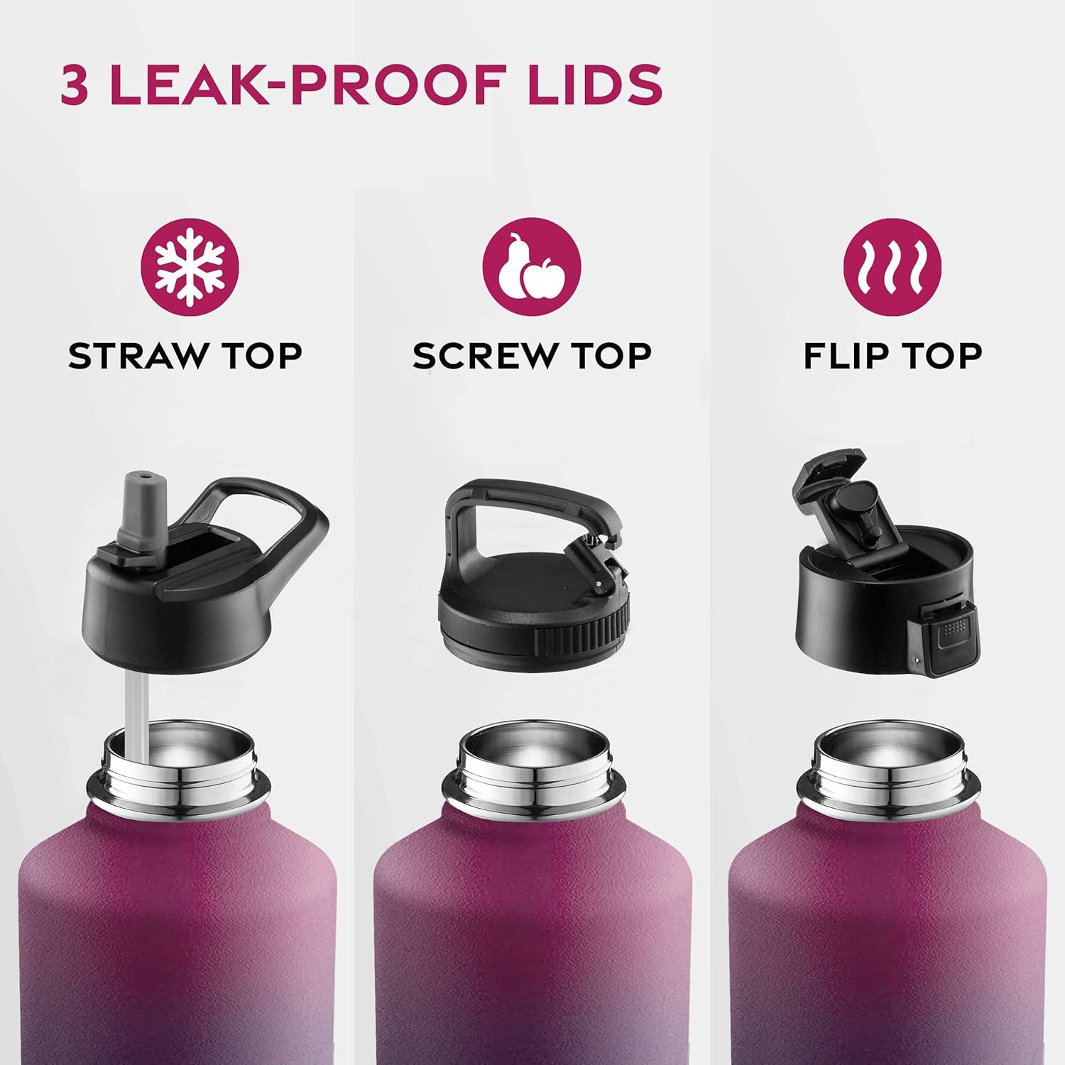 imageFineDine 25 Oz Insulated Water Bottle with Straw Triple Walled Stainless Steel Metal Bottle W 3 Leak Proof Lids For Travel School Sports GymMen Women ampamp Kids Inky Raven BlackDreamy Purple