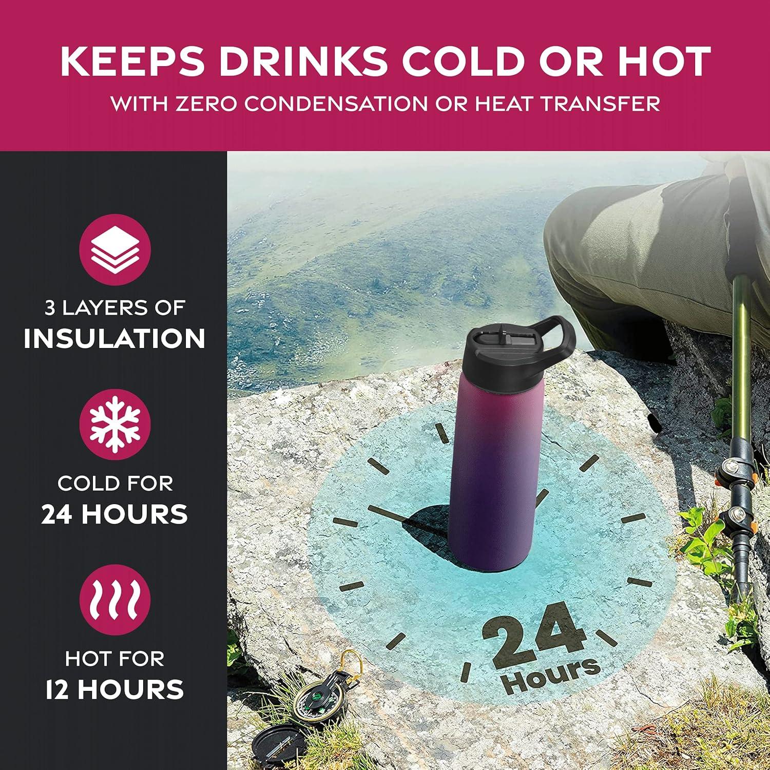 imageFineDine 25 Oz Insulated Water Bottle with Straw Triple Walled Stainless Steel Metal Bottle W 3 Leak Proof Lids For Travel School Sports GymMen Women ampamp Kids Inky Raven BlackDreamy Purple