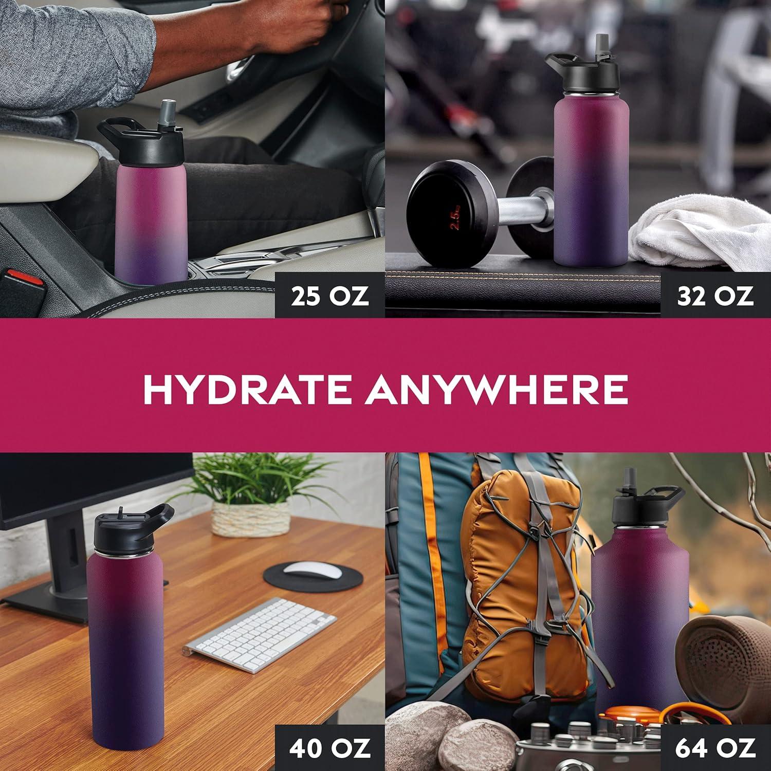 imageFineDine 25 Oz Insulated Water Bottle with Straw Triple Walled Stainless Steel Metal Bottle W 3 Leak Proof Lids For Travel School Sports GymMen Women ampamp Kids Inky Raven BlackDreamy Purple
