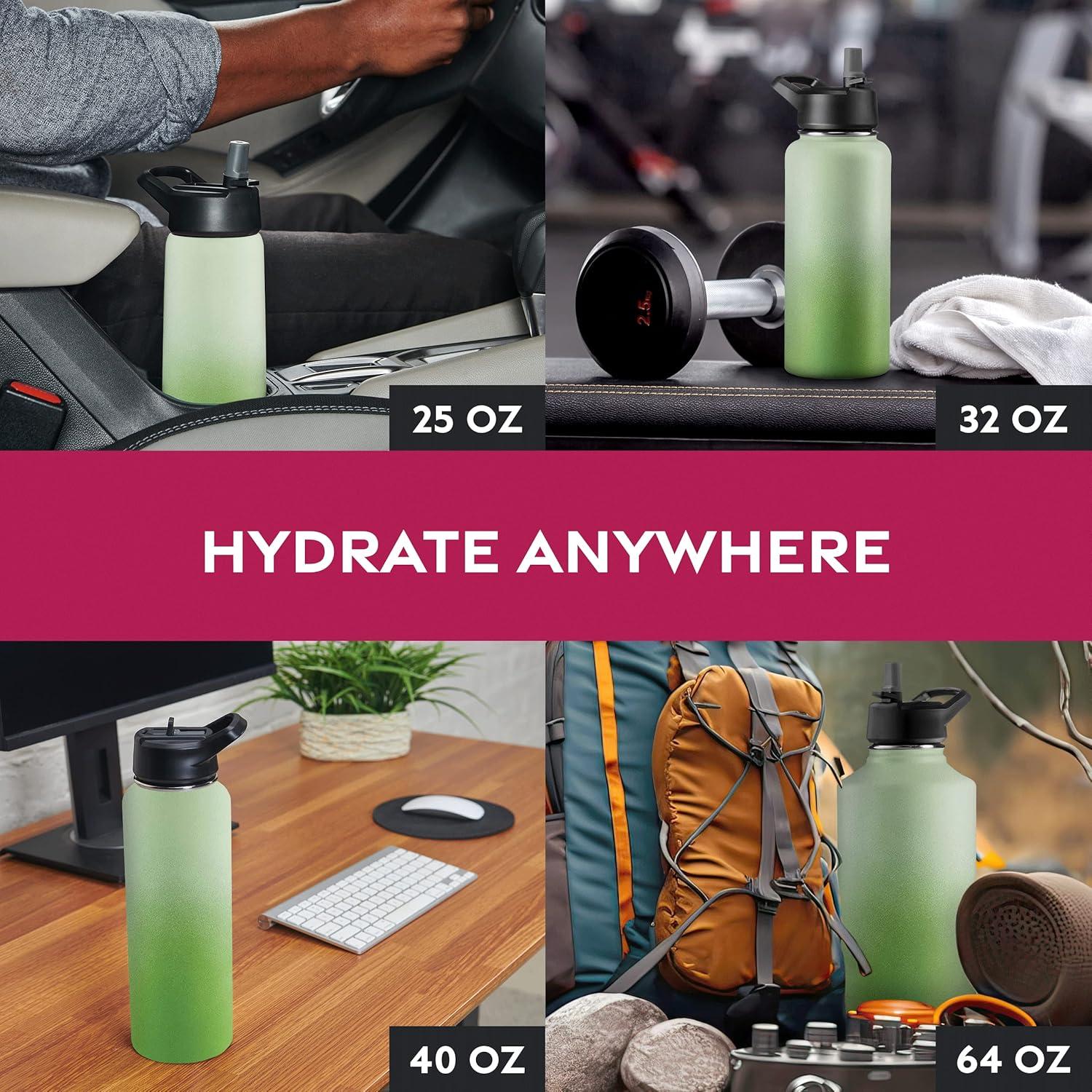 imageFineDine 25 Oz Insulated Water Bottle with Straw Triple Walled Stainless Steel Metal Bottle W 3 Leak Proof Lids For Travel School Sports GymMen Women ampamp Kids Inky Raven BlackDreamy Green