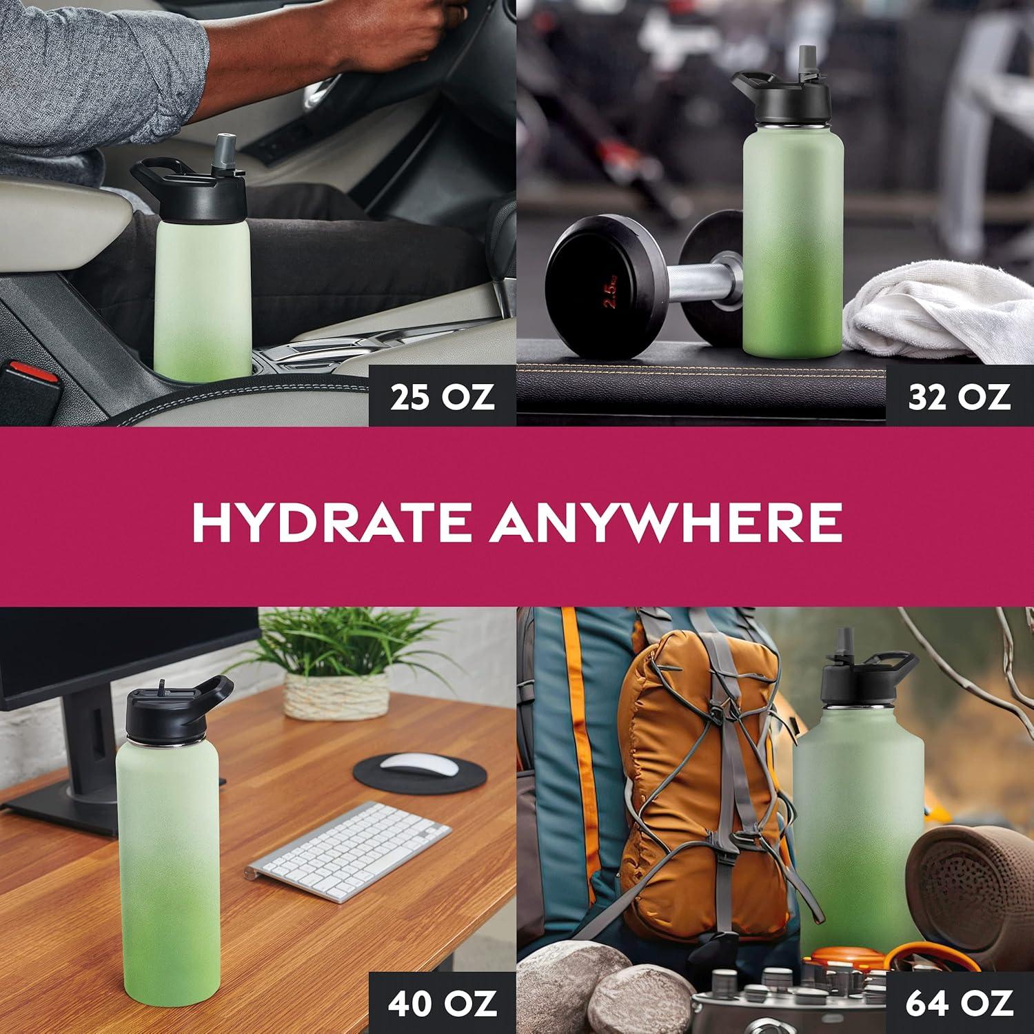 imageFineDine 25 Oz Insulated Water Bottle with Straw Triple Walled Stainless Steel Metal Bottle W 3 Leak Proof Lids For Travel School Sports GymMen Women ampamp Kids Inky Raven BlackDreamy Green