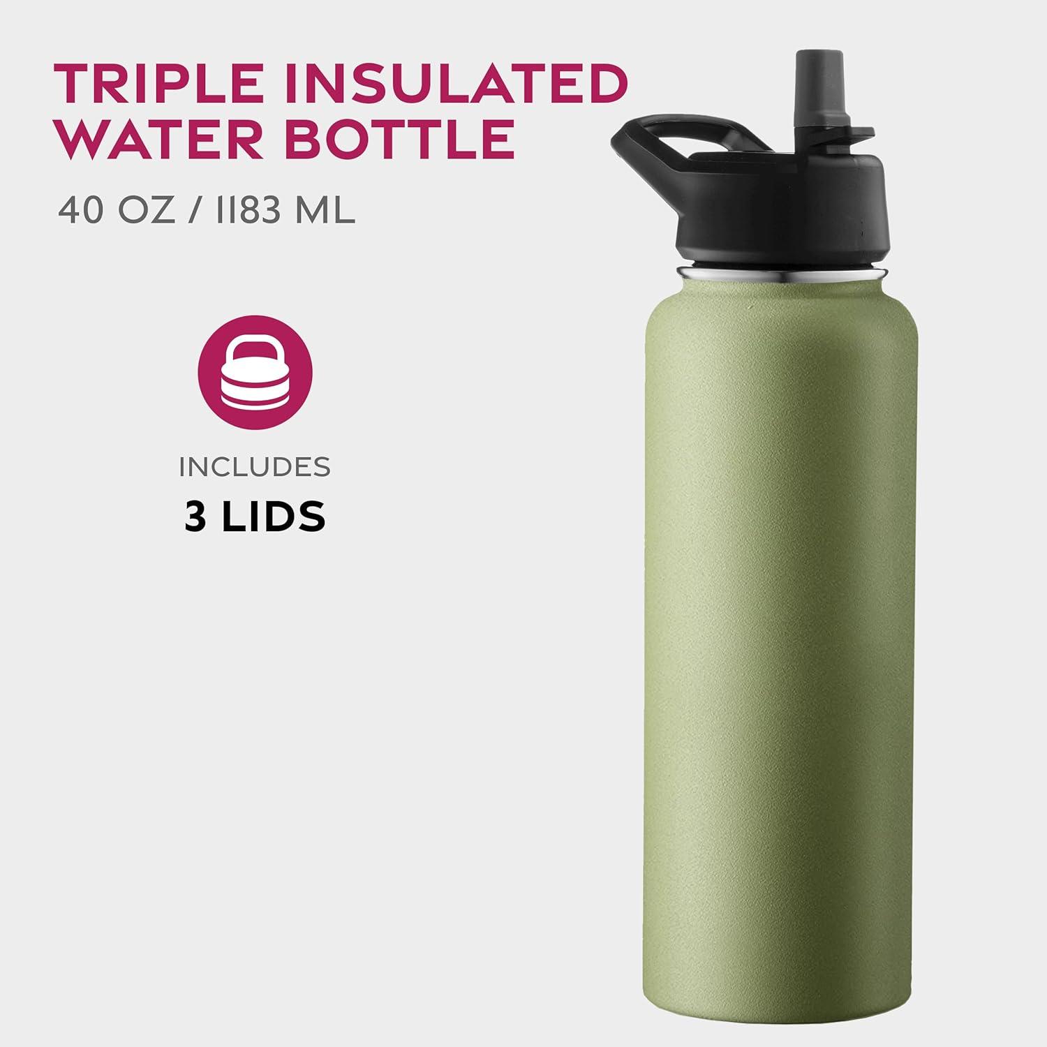 imageFineDine 25 Oz Insulated Water Bottle with Straw Triple Walled Stainless Steel Metal Bottle W 3 Leak Proof Lids For Travel School Sports GymMen Women ampamp Kids Inky Raven BlackArmy Green