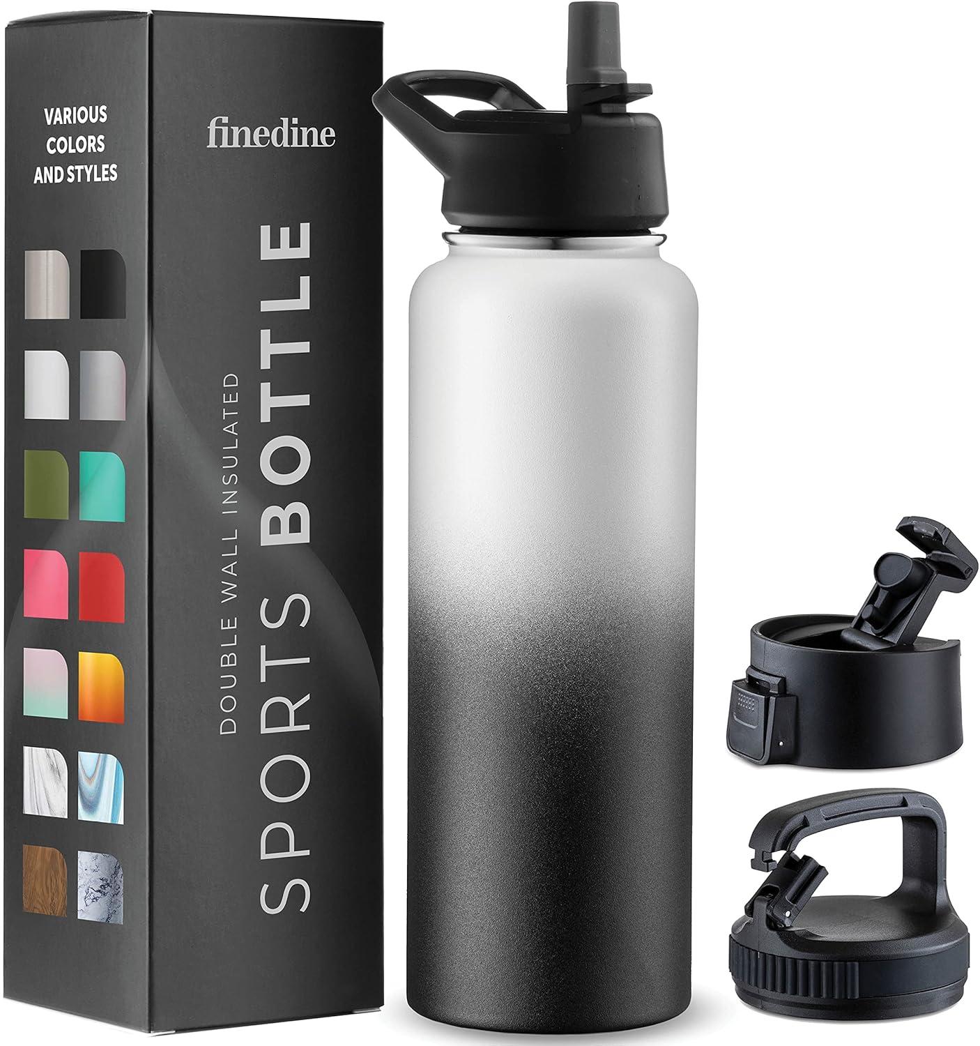 imageFineDine 25 Oz Insulated Water Bottle with Straw Triple Walled Stainless Steel Metal Bottle W 3 Leak Proof Lids For Travel School Sports GymMen Women ampamp Kids Inky Raven BlackDreamy BlackWhite