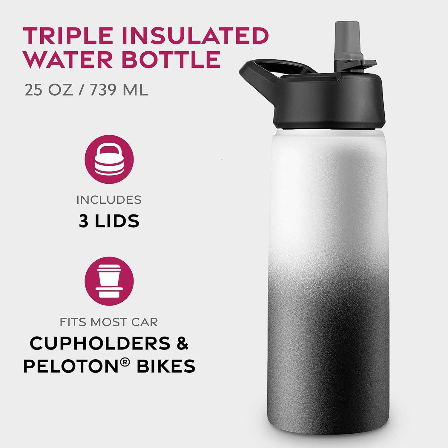 imageFineDine 25 Oz Insulated Water Bottle with Straw Triple Walled Stainless Steel Metal Bottle W 3 Leak Proof Lids For Travel School Sports GymMen Women ampamp Kids Inky Raven BlackDreamy BlackWhite