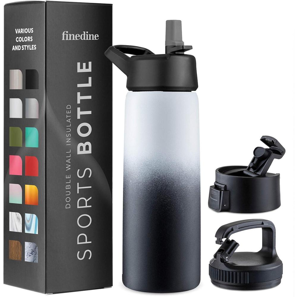 imageFineDine 25 Oz Insulated Water Bottle with Straw Triple Walled Stainless Steel Metal Bottle W 3 Leak Proof Lids For Travel School Sports GymMen Women ampamp Kids Inky Raven BlackDreamy BlackWhite