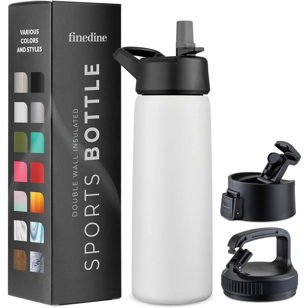 imageFineDine 25 Oz Insulated Water Bottle with Straw Triple Walled Stainless Steel Metal Bottle W 3 Leak Proof Lids For Travel School Sports GymMen Women ampamp Kids Inky Raven BlackPure Pearly White