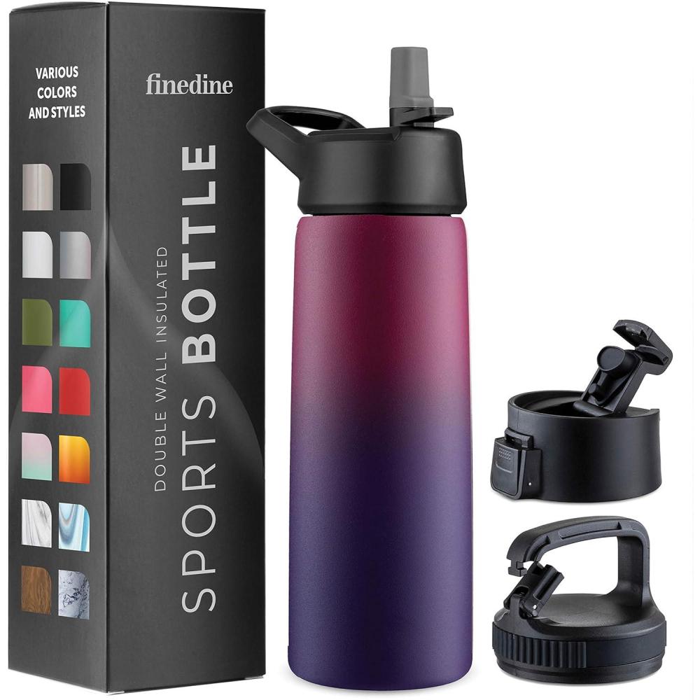 imageFineDine 25 Oz Insulated Water Bottle with Straw Triple Walled Stainless Steel Metal Bottle W 3 Leak Proof Lids For Travel School Sports GymMen Women ampamp Kids Inky Raven BlackDreamy Purple
