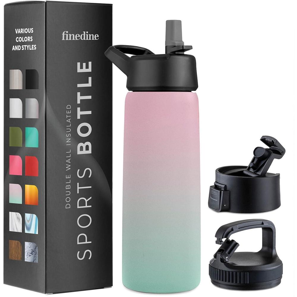 imageFineDine 25 Oz Insulated Water Bottle with Straw Triple Walled Stainless Steel Metal Bottle W 3 Leak Proof Lids For Travel School Sports GymMen Women ampamp Kids Inky Raven BlackDreamy PinkGreen