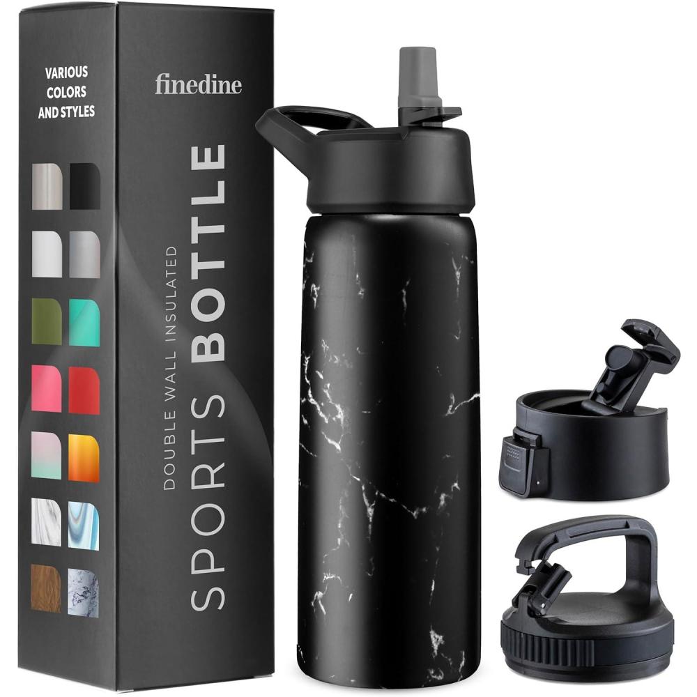 imageFineDine 25 Oz Insulated Water Bottle with Straw Triple Walled Stainless Steel Metal Bottle W 3 Leak Proof Lids For Travel School Sports GymMen Women ampamp Kids Inky Raven BlackPolished Raven Marble