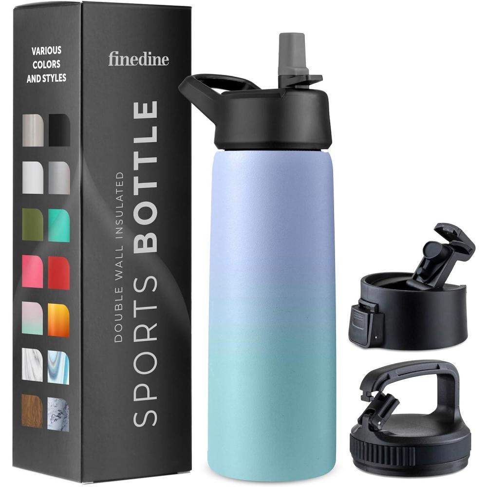 imageFineDine 25 Oz Insulated Water Bottle with Straw Triple Walled Stainless Steel Metal Bottle W 3 Leak Proof Lids For Travel School Sports GymMen Women ampamp Kids Inky Raven BlackPowder Steel Blue Blend
