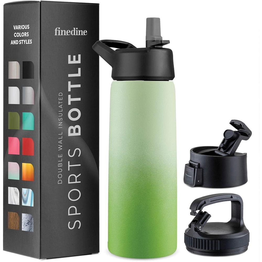 imageFineDine 25 Oz Insulated Water Bottle with Straw Triple Walled Stainless Steel Metal Bottle W 3 Leak Proof Lids For Travel School Sports GymMen Women ampamp Kids Inky Raven BlackDreamy Green