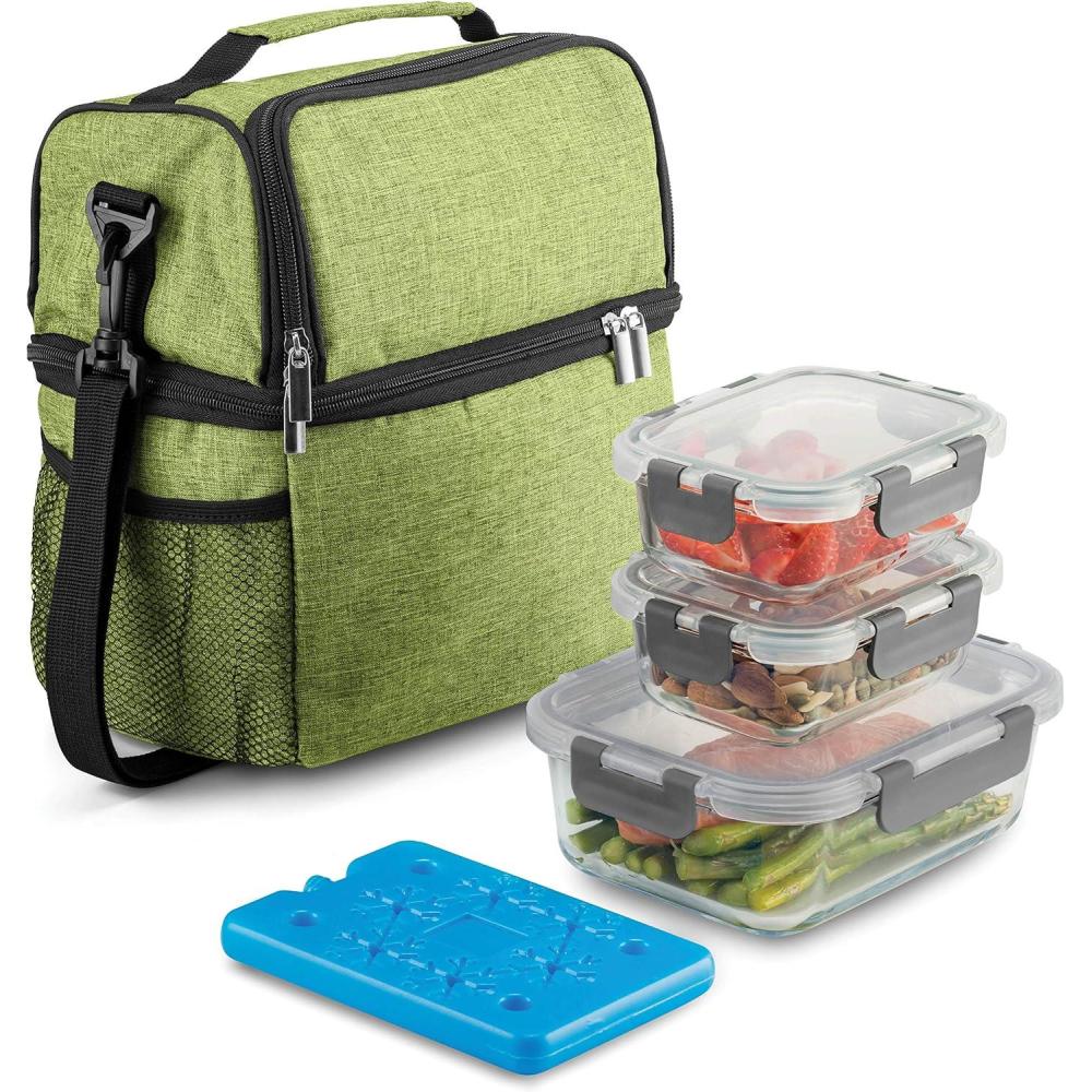 imageFineDine Lunch Bag with Glass Containers Insulated Lunch Box for Women and Men Leakproof Locking Lids ampamp Ice Pack 2Compartment Cooler Tote for Work LimerickLimerick