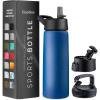 FineDine 25 Oz Insulated Water Bottle with Straw – Triple Walled Stainless Steel Metal Bottle W/ 3 Leak Proof Lids – For Travel, School, Sports, Gym/Men, Women & Kids – Inky Raven Black(Majestic Sapphire)