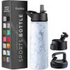 FineDine 25 Oz Insulated Water Bottle with Straw – Triple Walled Stainless Steel Metal Bottle W/ 3 Leak Proof Lids – For Travel, School, Sports, Gym/Men, Women & Kids – Inky Raven Black(Fresh White Marble)