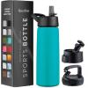 FineDine 25 Oz Insulated Water Bottle with Straw – Triple Walled Stainless Steel Metal Bottle W/ 3 Leak Proof Lids – For Travel, School, Sports, Gym/Men, Women & Kids – Inky Raven Black(Cheery Turquoise)