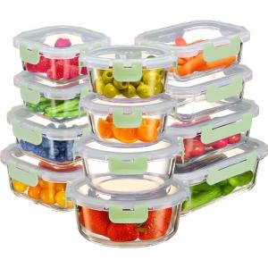 FineDine 24 Piece Glass Storage Containers with Lids – Leak Proof, Dishwasher Safe Glass Food Storage Containers for Meal Prep or Leftovers, Red(Green)
