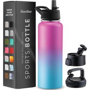 FineDine 25 Oz Insulated Water Bottle with Straw – Triple Walled Stainless Steel Metal Bottle W/ 3 Leak Proof Lids – For Travel, School, Sports, Gym/Men, Women & Kids – Inky Raven Black(Pacific Blue Rose Blend)