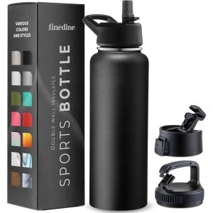 FineDine 25 Oz Insulated Water Bottle with Straw – Triple Walled Stainless Steel Metal Bottle W/ 3 Leak Proof Lids – For Travel, School, Sports, Gym/Men, Women & Kids – Inky Raven Black(Inky Raven Black)