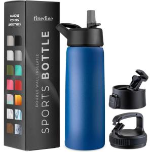 FineDine 25 Oz Insulated Water Bottle with Straw – Triple Walled Stainless Steel Metal Bottle W/ 3 Leak Proof Lids – For Travel, School, Sports, Gym/Men, Women & Kids – Inky Raven Black(Majestic Sapphire)