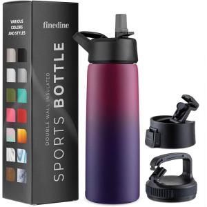 FineDine 25 Oz Insulated Water Bottle with Straw – Triple Walled Stainless Steel Metal Bottle W/ 3 Leak Proof Lids – For Travel, School, Sports, Gym/Men, Women & Kids – Inky Raven Black(Dreamy Purple)
