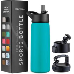 FineDine 25 Oz Insulated Water Bottle with Straw – Triple Walled Stainless Steel Metal Bottle W/ 3 Leak Proof Lids – For Travel, School, Sports, Gym/Men, Women & Kids – Inky Raven Black(Cheery Turquoise)