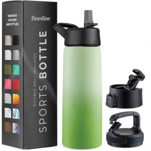 FineDine 25 Oz Insulated Water Bottle with Straw – Triple Walled Stainless Steel Metal Bottle W/ 3 Leak Proof Lids – For Travel, School, Sports, Gym/Men, Women & Kids – Inky Raven Black(Dreamy Green)