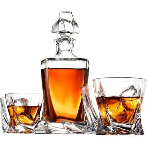 FineDine 5-Piece European-Style Whiskey Decanter & Glass Set – With Magnetic Gift Box – Exquisite Quadro Design Liquor Decanter & 4 Whiskey Glasses – Perfect Set for Scotch Alcohol Bourbon(5 Piece Set Faceted Crystal Decanter)