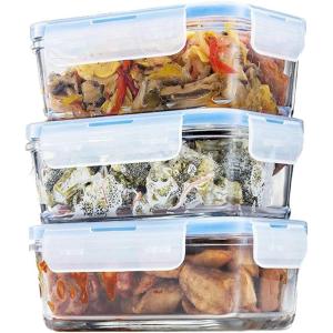 FineDine Glass Meal Prep Containers with Lids – Set of 3 Square 28 Oz Containers – Airtight, Leakproof, Microwave & Dishwasher Safe – Perfect for Snacks, Dips, and Meal Prep
