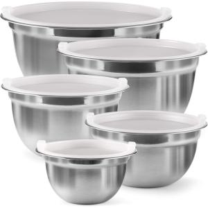 Stainless Steel Mixing Bowls Set with Lids, Home Kitchen Cooking Essentials Household Must Haves for Baking, 5 Pieces(Silver)
