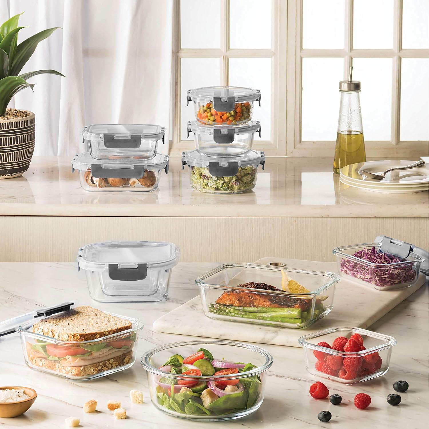 imageFineDine 24 Piece Glass Airtight Storage Containers with Lids Leak Proof Dishwasher Safe Glass Food Storage Containers for Meal Prep or Leftovers WhiteGrey