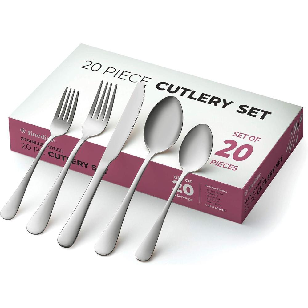 imageFineDine 20Piece Stainless Steel Silverware Set Kitchen Utensils Set Serving For 4 Cutlery Set Flatware Set Includes Spoons Forks ampamp Knifes Dishwasher Safe Stainless Steel Utensils Set