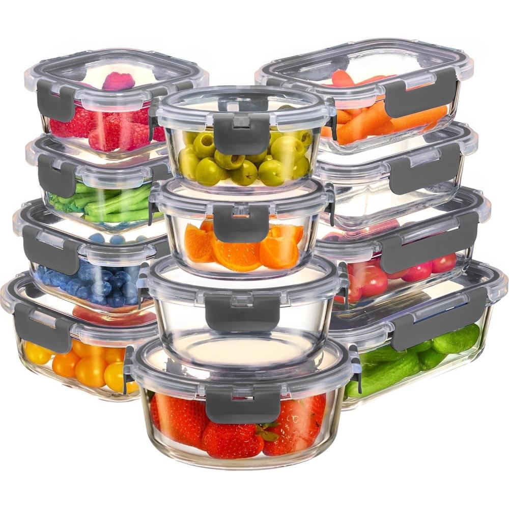 imageFineDine 24 Piece Glass Airtight Storage Containers with Lids Leak Proof Dishwasher Safe Glass Food Storage Containers for Meal Prep or Leftovers WhiteGrey