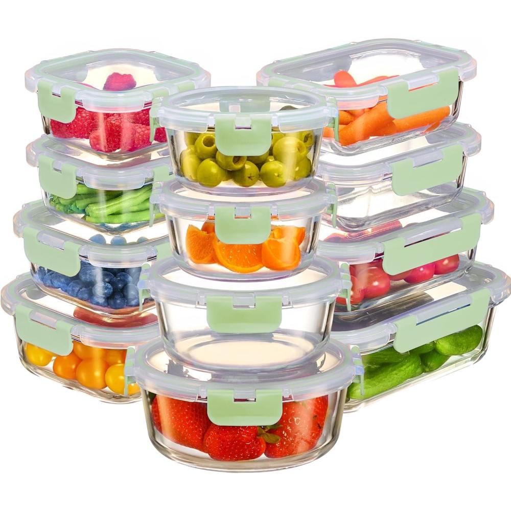 imageFineDine 24 Piece Glass Airtight Storage Containers with Lids Leak Proof Dishwasher Safe Glass Food Storage Containers for Meal Prep or Leftovers WhiteGreen