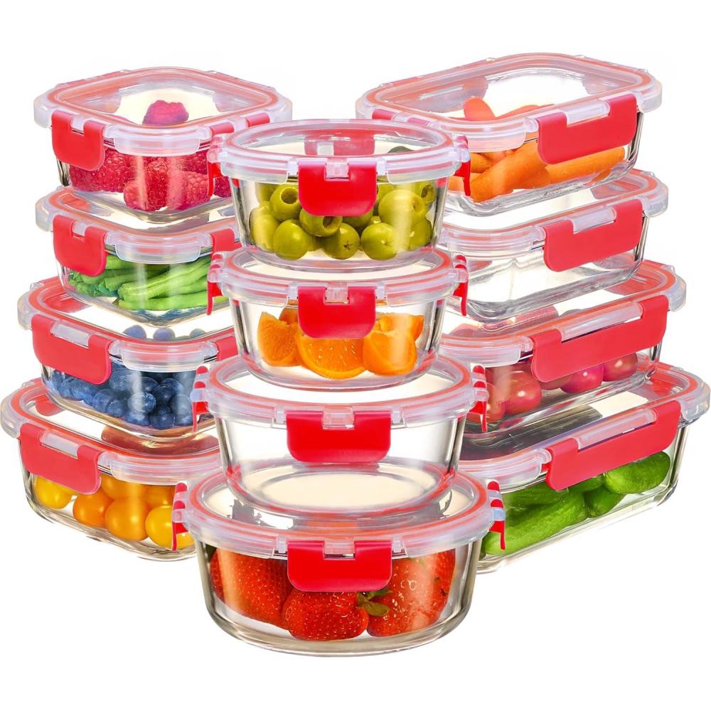imageFineDine 24 Piece Glass Airtight Storage Containers with Lids  Leak Proof Dishwasher Safe Glass Food Storage Containers for Meal Prep or Leftovers WhiteRed