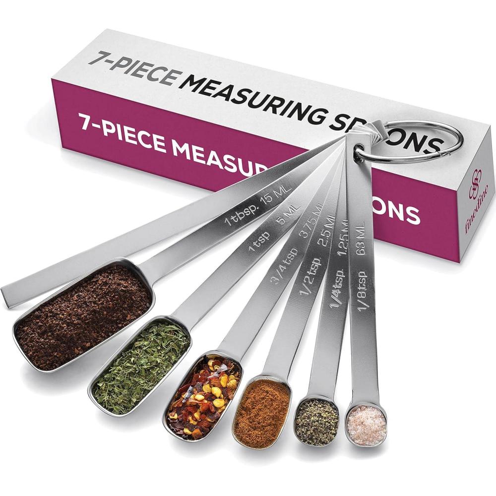 imageFineDine Premium Stainless Steel Measuring Spoons set 7Piece Kitchen Spoons With Leveler Slim Design Fits In Spice Jars Metal Spoon Set for Dry Liquid Ingredients Cooking ampamp Baking
