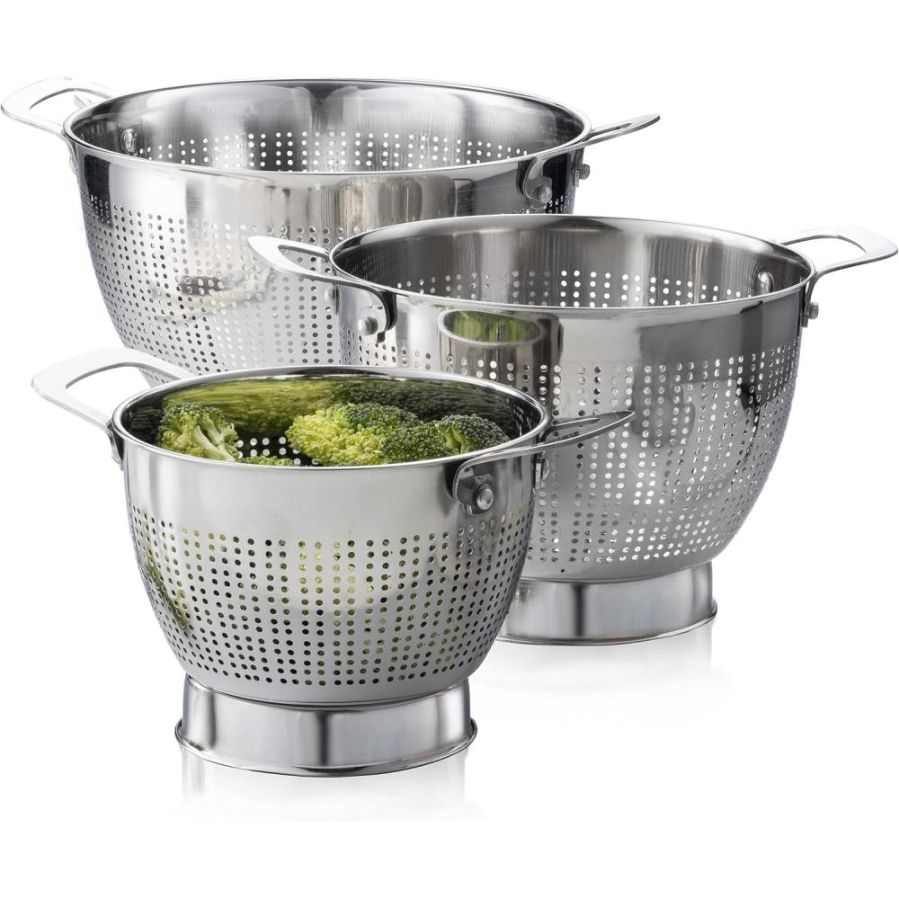 imageYHGoods Stainless Steel Colander 3Piece Kitchen Sink Strainer Set for Pasta Rice Fruit Food Stackable Strainers and Colanders 5Quart 3Quart and 15Quart