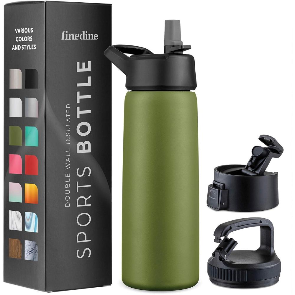 imageFineDine Triple Walled Insulated Water Bottles with Straw  25 Oz Stainless Steel Metal Bottle W 3 Leak Proof Lids  For Travel School Sports GymMen Women amp Kids  Rustic Grained SiennaArmy Green